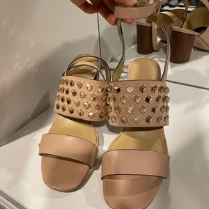 Michael Kors Cream and Gold Chunky Heel Sandals with Perforated Ankle Cuff